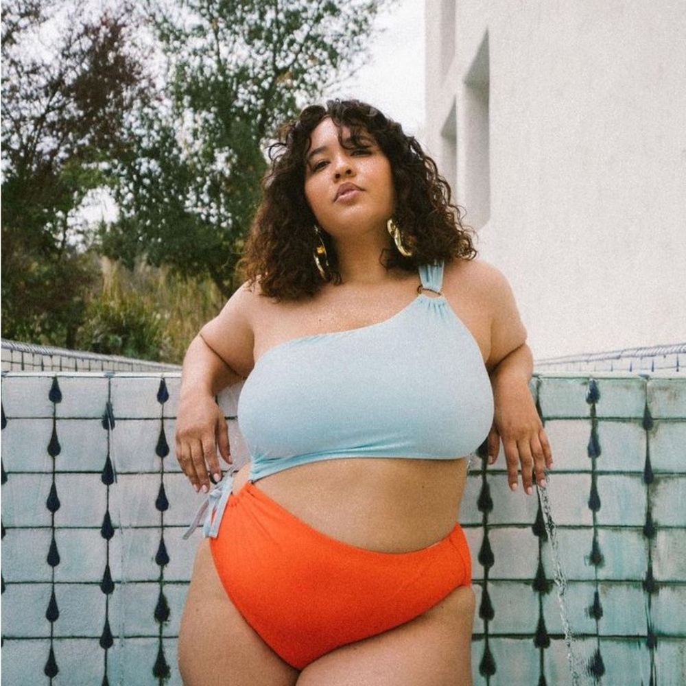One-Shoulder Light Blue and Orange swimsuit